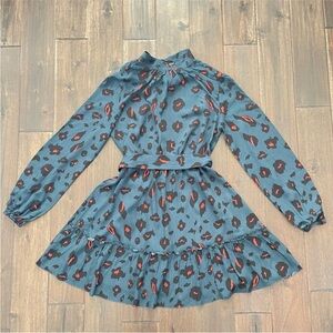 SHEIN Teal Blue Animal Print Long Sleeve Belted Mini Dress M